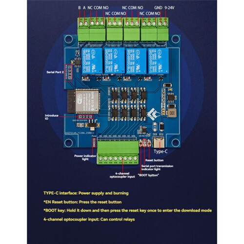 ESP32 Modbus 4 Channel Relay Module 9-24V TYPE-C with RS485 WIFI  Support Modbus 2