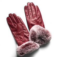(wine red) Women's Fox Fur Lined Sheepskin Leather Winter Warm Fashion Gloves Accessory