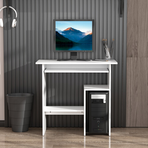 Homcom HOMCOM Compact Small Computer Table Wooden Desk Keyboard Tray Storage White