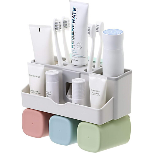 Vacuum Pump Technology Toothbrush Organizer, Food-grade Polymer Material for Safe Use, Automatic Toothpaste Dispenser with Wall-Mounted Installation,