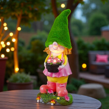 Solarbetriebene Gnome Girl Statuenharz-Gartendekoration mit leuchtendem Korblicht für die Terrasse und den Außenbereich zu Hause