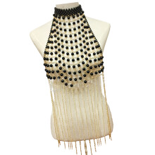 Trendige, elegante Perlen-Brustkette,-Schwarz lang
