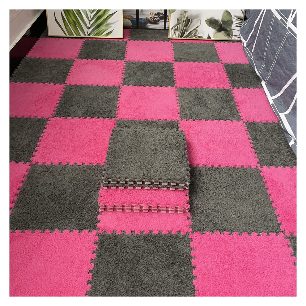 Interlocking Foam Mats 16Pcs Fluffy Carpet Tiles Puzzle Floor Mat For Play Room Soft Square Splicing Tiles And Grey/Red