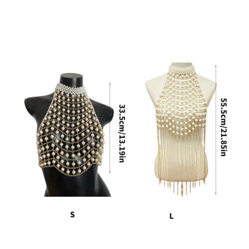 Statement Pearls Body Chain Bra Jewelry Accessory-Black short 2