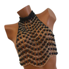 Statement Pearls Body Chain Bra Jewelry Accessory-Black short