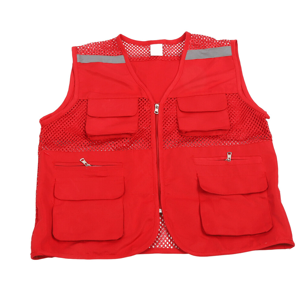 Red Xxl Safety Vest With Multi Pockets, Reflective Strips & Printable Design 3701369156793