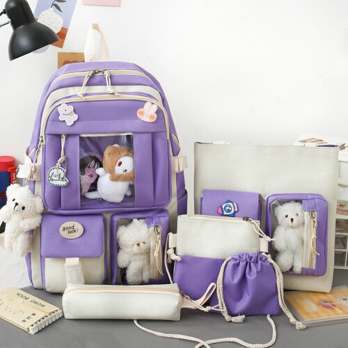 5pcs Cute Purple School Backpack Set - Includes Bags & Pencil Case 2
