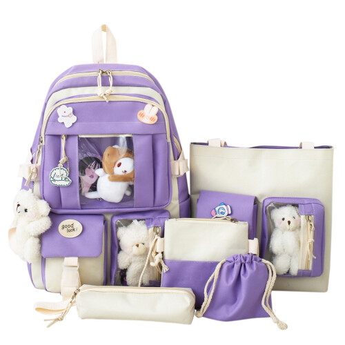 5pcs Cute Purple School Backpack Set - Includes Bags & Pencil Case 1