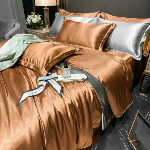 Solid Silk Bedding Set 1 Set With Duvet Cover Bed Sheet And Pillowcases 4Pcs King Size Light Brown