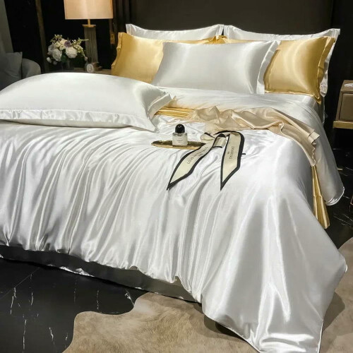 Solid Silk Bedding Set 1 Set With Duvet Cover Bed Sheet And Pillowcases 4Pcs King Size Light Brown 1