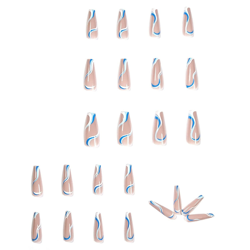 Blue Coffin Press On Nails, Swirl Design, Reusable Artificial Nails With Eco-Friendly Abs Resin, Easy To Apply For Women, 24Pcs In Varied Size