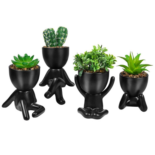 4PCS Artificial Succulent Planters,  Potted Ceramic Succulent Decor,  Human Shaped Black Pots Small Pots