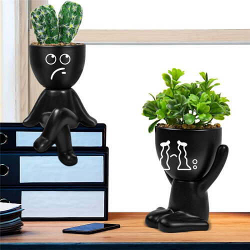 4PCS Artificial Succulent Planters,  Potted Ceramic Succulent Decor,  Human Shaped Black Pots Small Pots 1