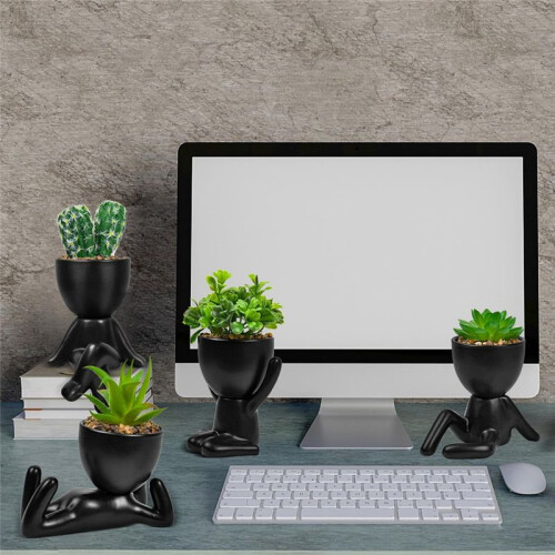 4PCS Artificial Succulent Planters,  Potted Ceramic Succulent Decor,  Human Shaped Black Pots Small Pots 2