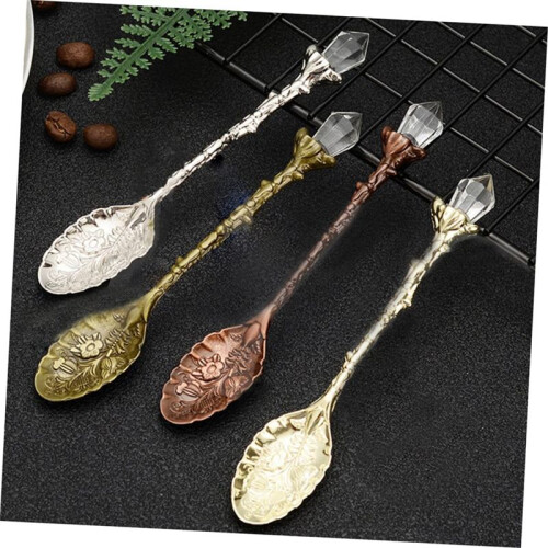 Vintage Engraved Coffee Dessert Spoon Set, Crystal Pattern Alloy Leaf Spoon Mug Coffee Ice Cream Spoon 1