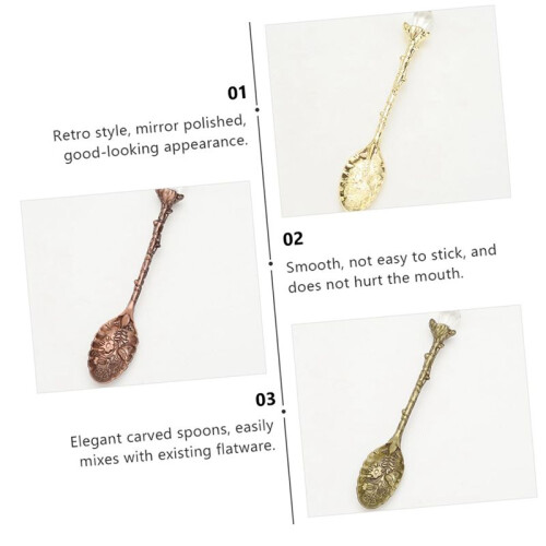 Vintage Engraved Coffee Dessert Spoon Set, Crystal Pattern Alloy Leaf Spoon Mug Coffee Ice Cream Spoon 2