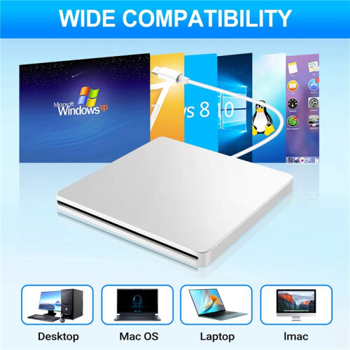 USB Extern CD/DVD-Enhet Typ C BäRbar Enhetsfri CD-Filmspelare för BäRbar Dator Windows , Silver 2