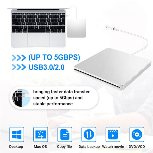 USB Extern CD/DVD-Enhet Typ C BäRbar Enhetsfri CD-Filmspelare för BäRbar Dator Windows , Silver 1