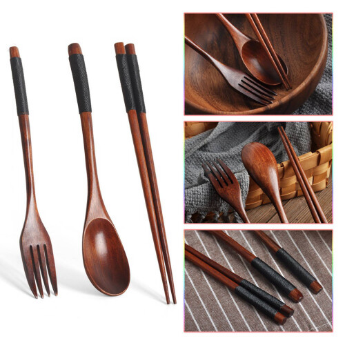 2X Wooden Flatware Set, Wooden Portable Set Chopsticks Spoon Fork Tableware Dinnerware with Black Twining Thread 2