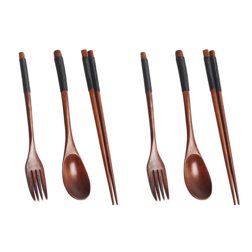 2X Wooden Flatware Set, Wooden Portable Set Chopsticks Spoon Fork Tableware Dinnerware with Black Twining Thread