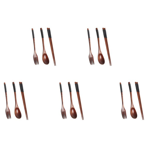 5X Wooden Flatware Set, Wooden Portable Set Chopsticks Spoon Fork Tableware Dinnerware with Black Twining Thread
