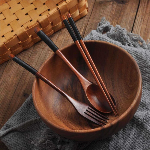5X Wooden Flatware Set, Wooden Portable Set Chopsticks Spoon Fork Tableware Dinnerware with Black Twining Thread 2