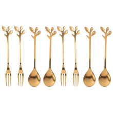 Tableware Gold Leaf Coffee Spoon Fork,8 Pack(4 Spoons 4 Forks) Little Demitasse Espresso Spoon