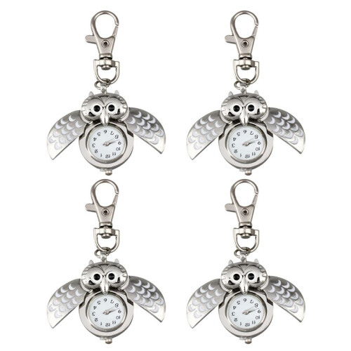 4X Owl Pocket Watch with Key Chain 40 X 25 mm Silver