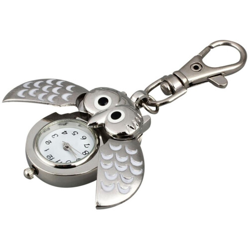 4X Owl Pocket Watch with Key Chain 40 X 25 mm Silver 2