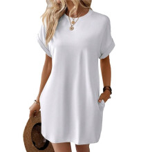 Solid Color Round Neck Loose Short Sleeve Pocket Dress White XXL