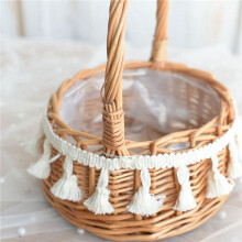 2X Woven Storage Basket and Ribbon Wedding Flower Girl Baskets Wicker Rattan Flower Basket for Home Garden Decor
