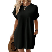 Solid Color Round Neck Loose Short Sleeve Pocket Dress Black XL