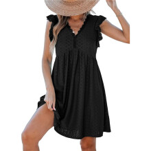 V-Neck Lace Trim Short-Sleeved Cardigan Dress Black S
