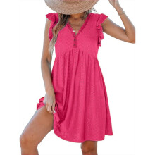 V-Neck Lace Trim Short-Sleeved Cardigan Dress Rose Red M
