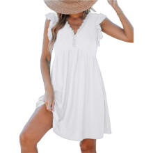 V-Neck Lace Trim Short-Sleeved Cardigan Dress White S