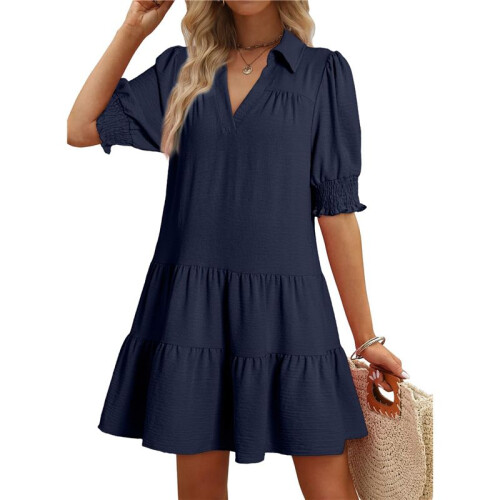 Women'S Pleated Mid Sleeve Dress Navy  S