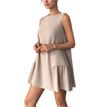 Solid Color Round Neck Sleeveless Vest Dress Apricot Color M