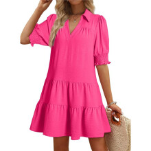 Women'S Pleated Mid Sleeve Dress Rose Red XL