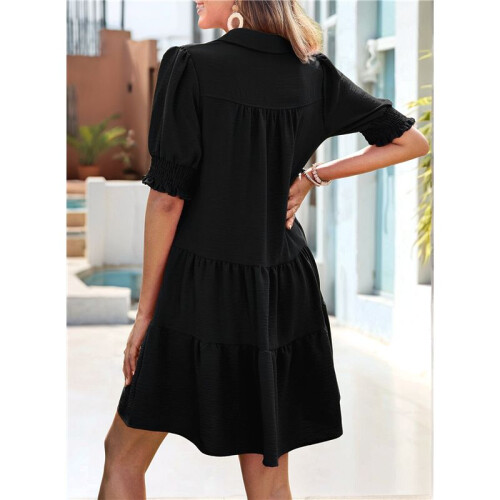 Women'S Pleated Mid Sleeve Dress Black S 1