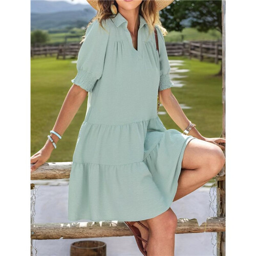 Women'S Pleated Mid Sleeve Dress Light Green M 2