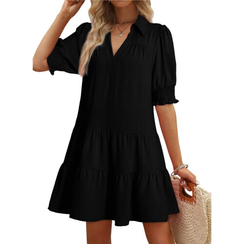 Women'S Pleated Mid Sleeve Dress Black L