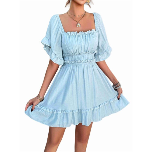 Solid Color Ruffled Short-Sleeved Dress for Women  M
