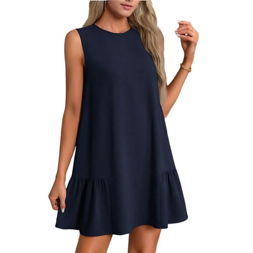 Solid Color Round Neck Sleeveless Vest Dress Navy  L