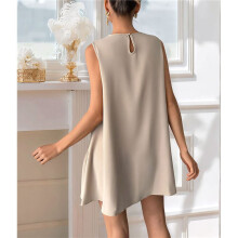 Solid Color Round Neck Sleeveless Vest Dress Apricot Color S