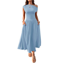 Women'S Summer 2025 Sleeveless Maxi Dress One Shoulder Casual Slim Swing Pleated Formal Dresses with Pockets Sky XL