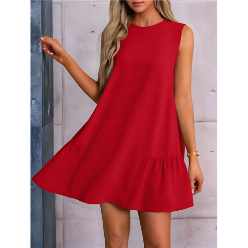 Solid Color Round Neck Sleeveless Vest Dress Red M 1