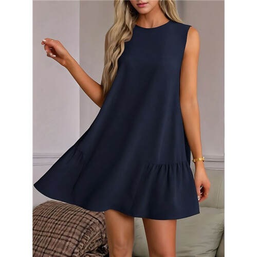 Solid Color Round Neck Sleeveless Vest Dress Navy  L 1