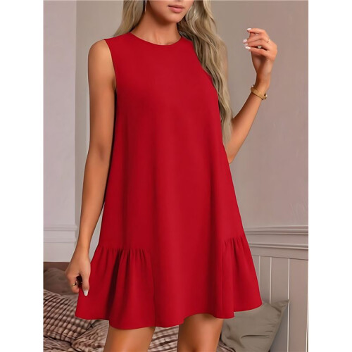 Solid Color Round Neck Sleeveless Vest Dress Red M 2