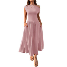 Women'S Summer 2025 Sleeveless Maxi Dress One Shoulder Casual Slim Swing Pleated Formal Dresses with Pockets XL
