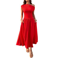 Women'S Summer 2025 Sleeveless Maxi Dress One Shoulder Casual Slim Swing Pleated Formal Dresses with Pockets Red S